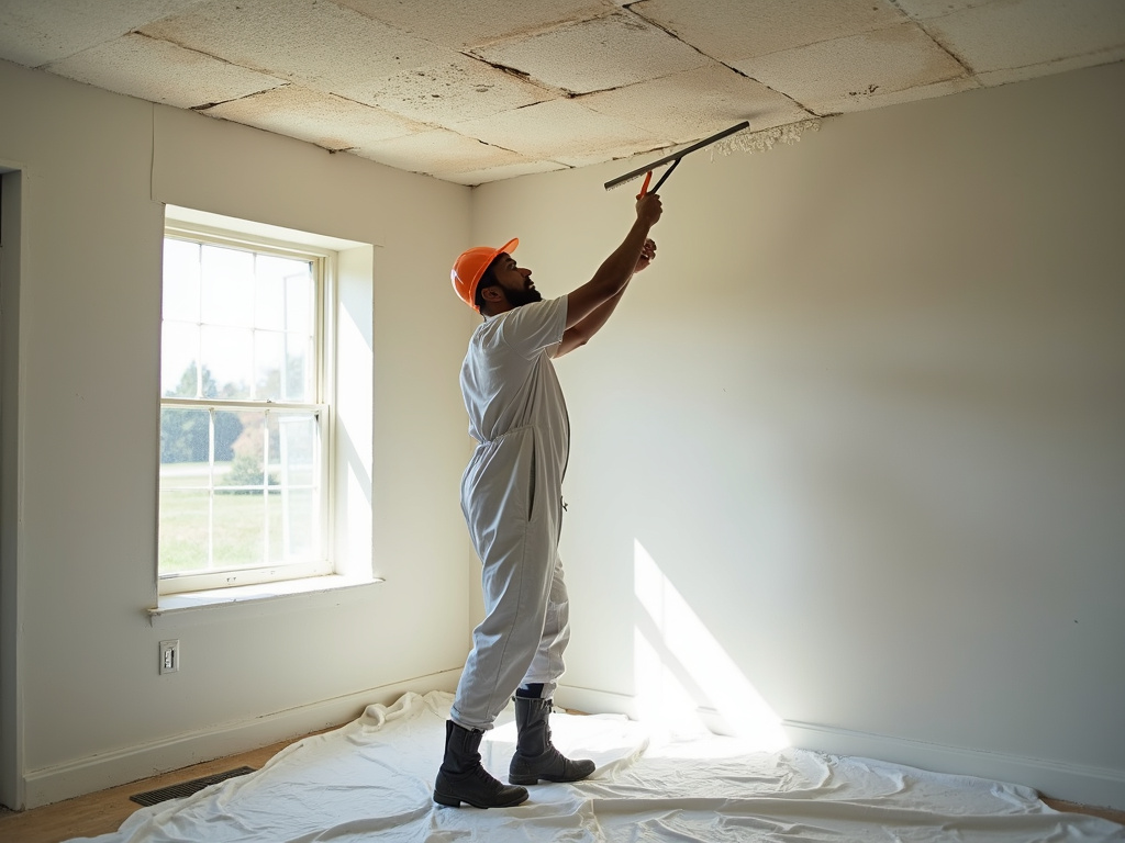 Smooth ceiling after popcorn texture removal in a bright room